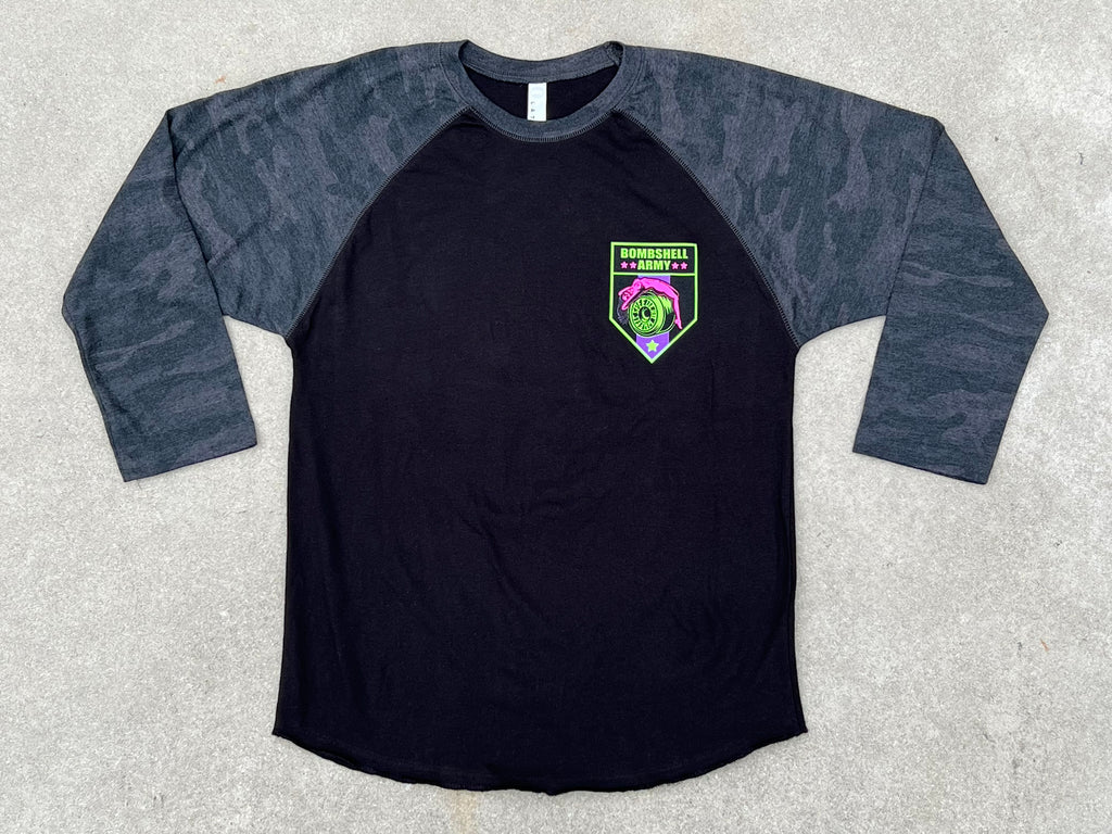 Raglan 3/4 sleeve T-Shirt 'Bombshell Army' (Black/Storm Camo)