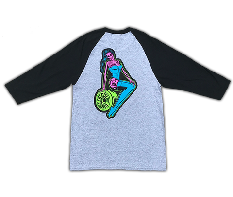 Raglan 3/4 sleeve T-Shirt 'Sitting Pinup' (Grey/Black)